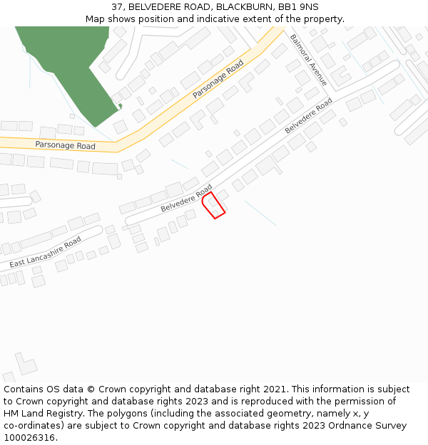 37, BELVEDERE ROAD, BLACKBURN, BB1 9NS: Location map and indicative extent of plot