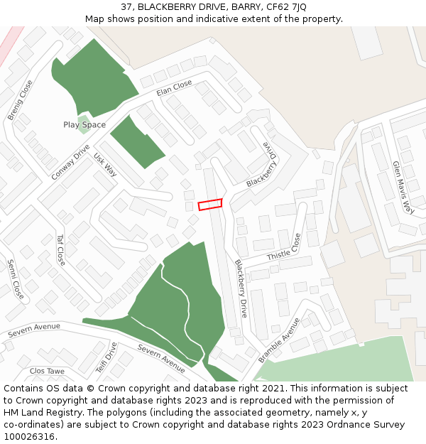 37, BLACKBERRY DRIVE, BARRY, CF62 7JQ: Location map and indicative extent of plot