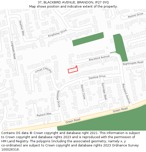 37, BLACKBIRD AVENUE, BRANDON, IP27 0YQ: Location map and indicative extent of plot