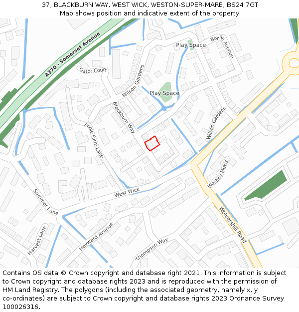 37, BLACKBURN WAY, WEST WICK, WESTON-SUPER-MARE, BS24 7GT: Location map and indicative extent of plot