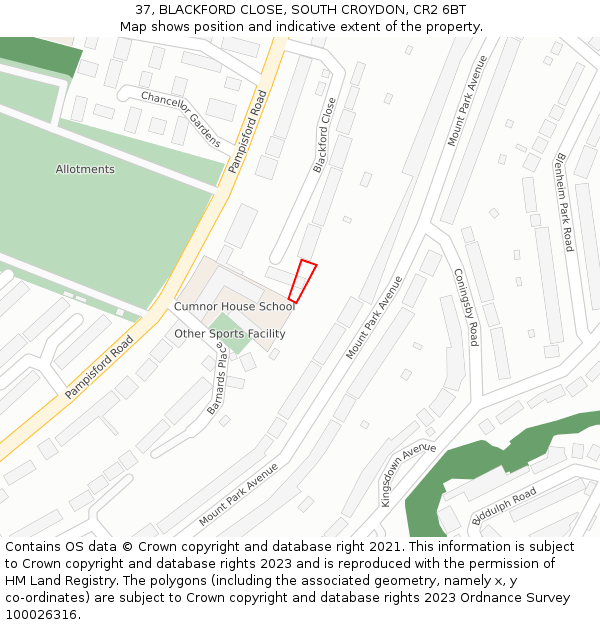 37, BLACKFORD CLOSE, SOUTH CROYDON, CR2 6BT: Location map and indicative extent of plot