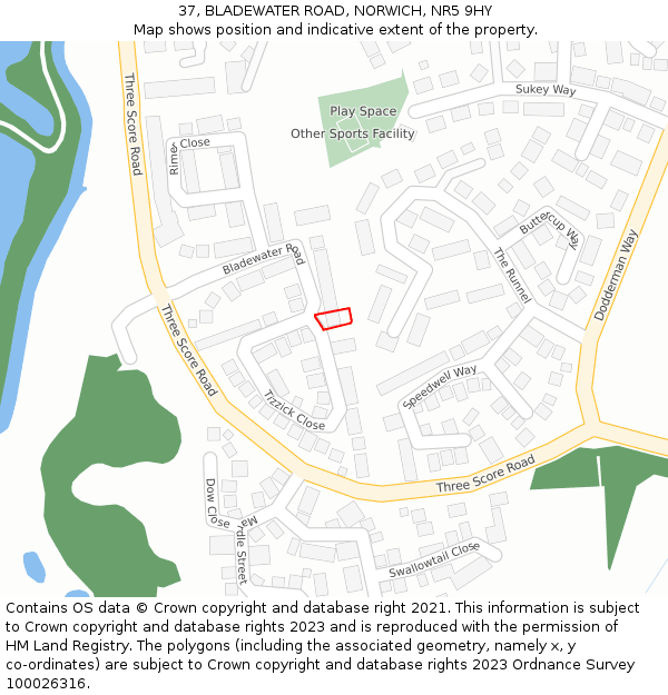 37, BLADEWATER ROAD, NORWICH, NR5 9HY: Location map and indicative extent of plot