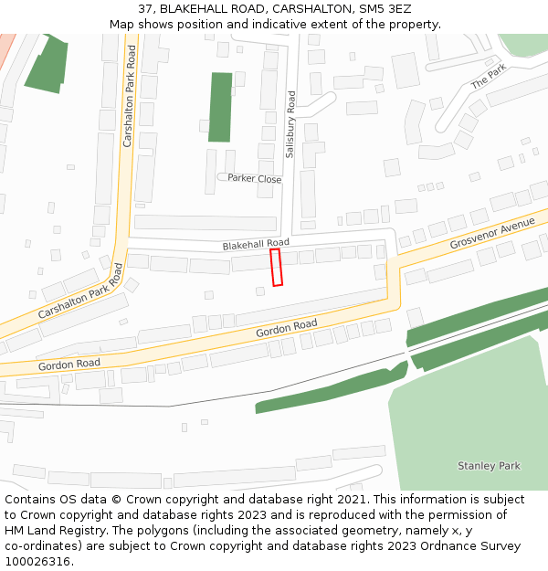 37, BLAKEHALL ROAD, CARSHALTON, SM5 3EZ: Location map and indicative extent of plot