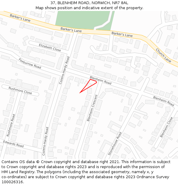 37, BLENHEIM ROAD, NORWICH, NR7 8AL: Location map and indicative extent of plot