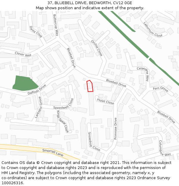 37, BLUEBELL DRIVE, BEDWORTH, CV12 0GE: Location map and indicative extent of plot