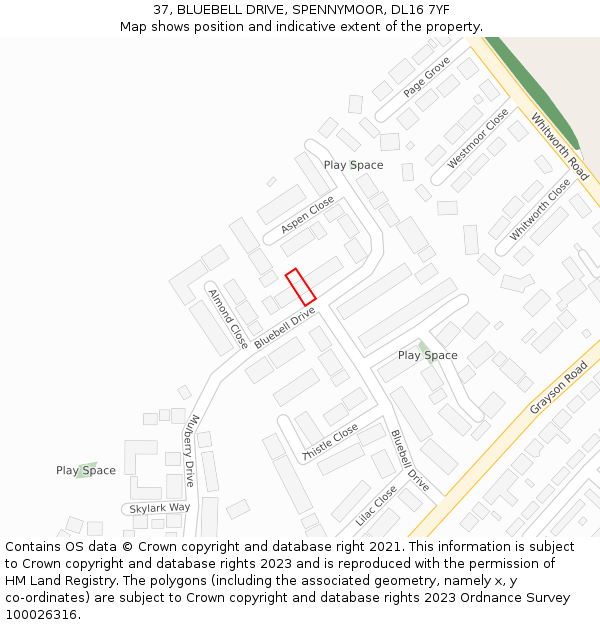 37, BLUEBELL DRIVE, SPENNYMOOR, DL16 7YF: Location map and indicative extent of plot