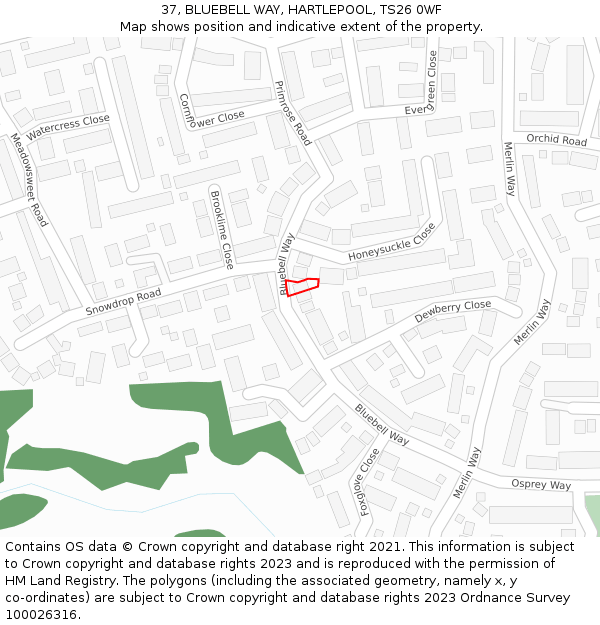 37, BLUEBELL WAY, HARTLEPOOL, TS26 0WF: Location map and indicative extent of plot