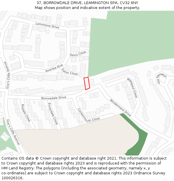 37, BORROWDALE DRIVE, LEAMINGTON SPA, CV32 6NY: Location map and indicative extent of plot