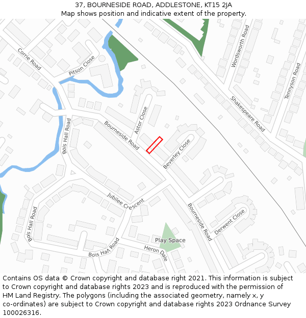 37, BOURNESIDE ROAD, ADDLESTONE, KT15 2JA: Location map and indicative extent of plot