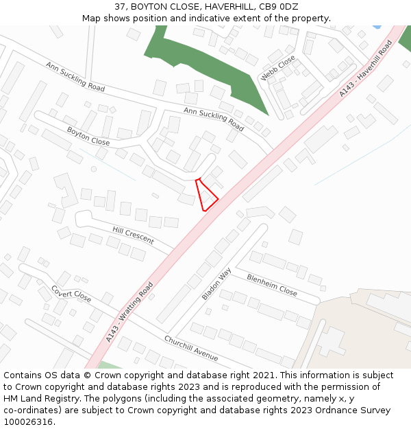 37, BOYTON CLOSE, HAVERHILL, CB9 0DZ: Location map and indicative extent of plot