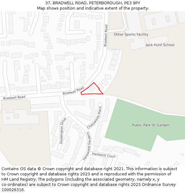 37, BRADWELL ROAD, PETERBOROUGH, PE3 9PY: Location map and indicative extent of plot