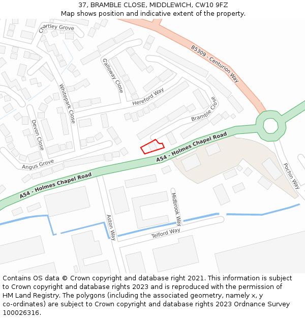 37, BRAMBLE CLOSE, MIDDLEWICH, CW10 9FZ: Location map and indicative extent of plot