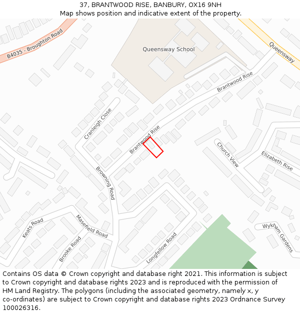 37, BRANTWOOD RISE, BANBURY, OX16 9NH: Location map and indicative extent of plot