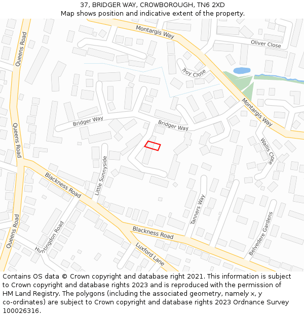 37, BRIDGER WAY, CROWBOROUGH, TN6 2XD: Location map and indicative extent of plot