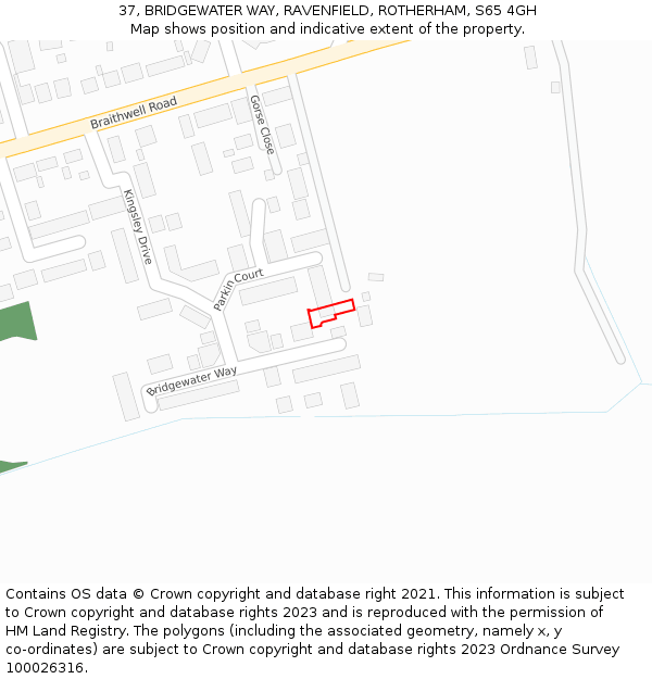 37, BRIDGEWATER WAY, RAVENFIELD, ROTHERHAM, S65 4GH: Location map and indicative extent of plot