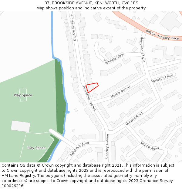 37, BROOKSIDE AVENUE, KENILWORTH, CV8 1ES: Location map and indicative extent of plot
