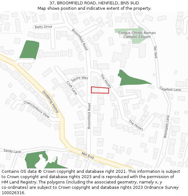 37, BROOMFIELD ROAD, HENFIELD, BN5 9UD: Location map and indicative extent of plot