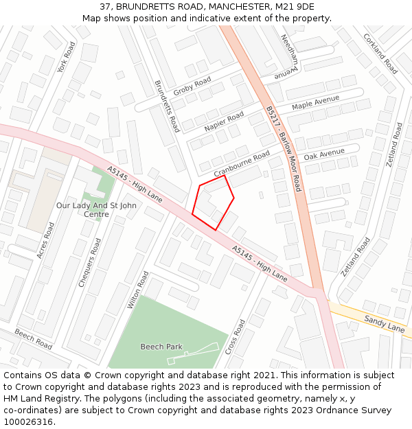 37, BRUNDRETTS ROAD, MANCHESTER, M21 9DE: Location map and indicative extent of plot