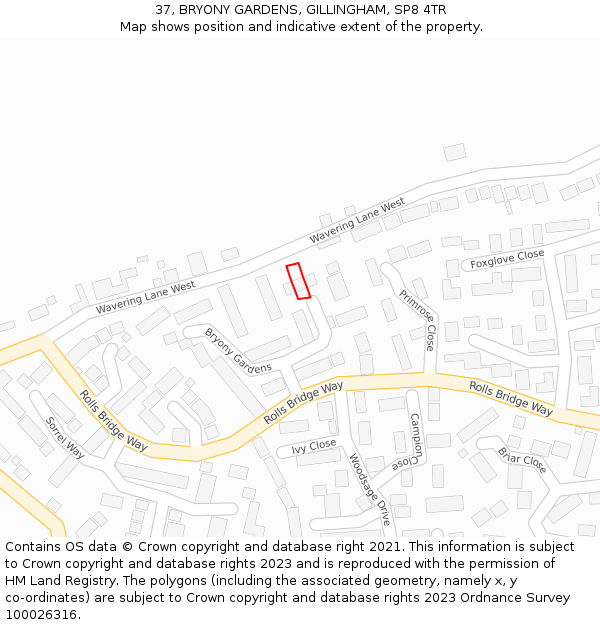 37, BRYONY GARDENS, GILLINGHAM, SP8 4TR: Location map and indicative extent of plot