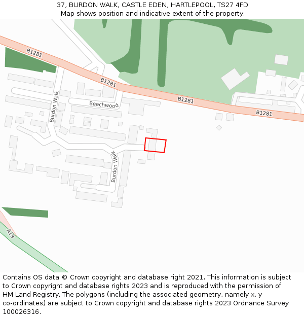 37, BURDON WALK, CASTLE EDEN, HARTLEPOOL, TS27 4FD: Location map and indicative extent of plot