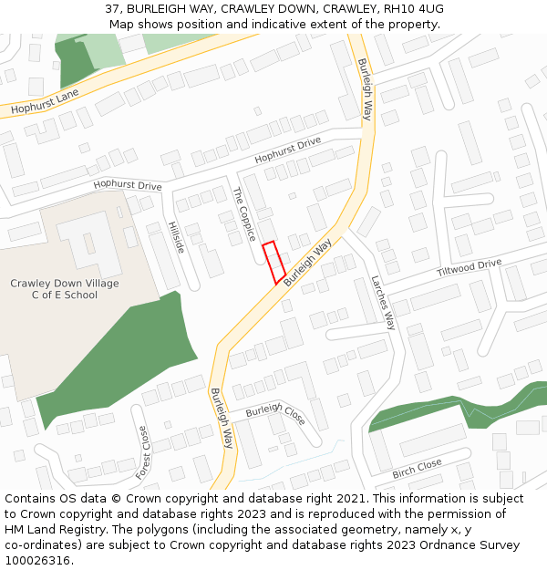 37, BURLEIGH WAY, CRAWLEY DOWN, CRAWLEY, RH10 4UG: Location map and indicative extent of plot