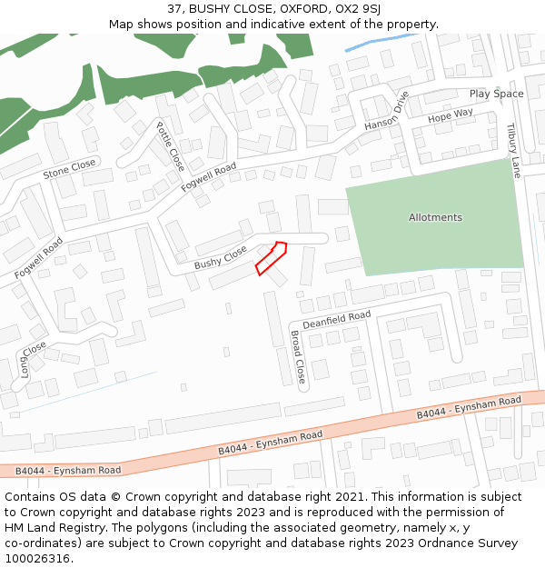 37, BUSHY CLOSE, OXFORD, OX2 9SJ: Location map and indicative extent of plot