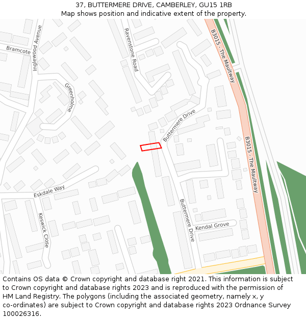 37, BUTTERMERE DRIVE, CAMBERLEY, GU15 1RB: Location map and indicative extent of plot