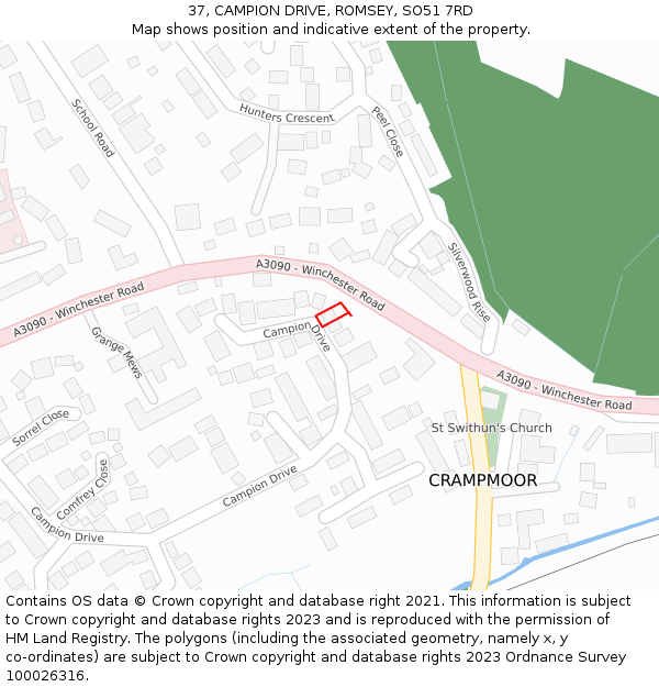 37, CAMPION DRIVE, ROMSEY, SO51 7RD: Location map and indicative extent of plot