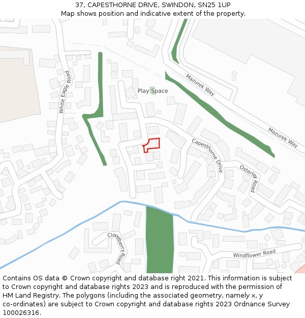 37, CAPESTHORNE DRIVE, SWINDON, SN25 1UP: Location map and indicative extent of plot