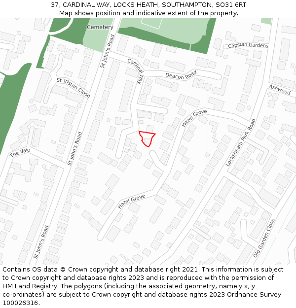 37, CARDINAL WAY, LOCKS HEATH, SOUTHAMPTON, SO31 6RT: Location map and indicative extent of plot