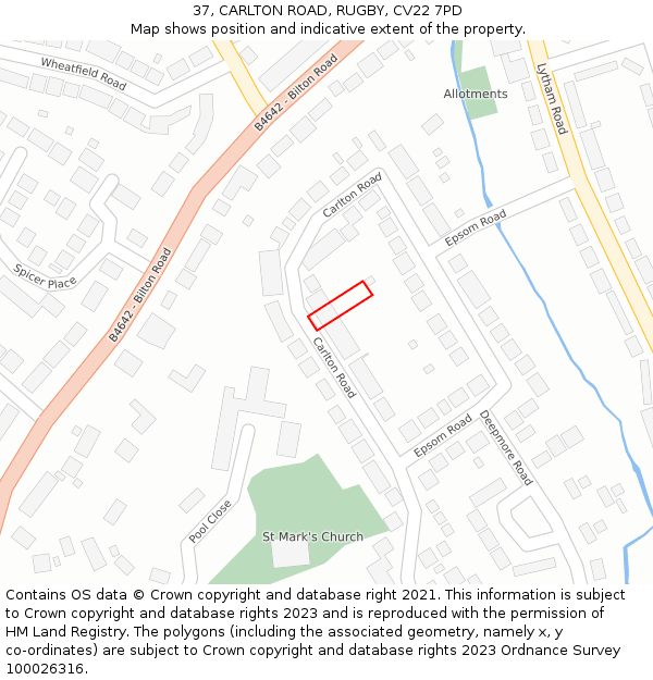 37, CARLTON ROAD, RUGBY, CV22 7PD: Location map and indicative extent of plot