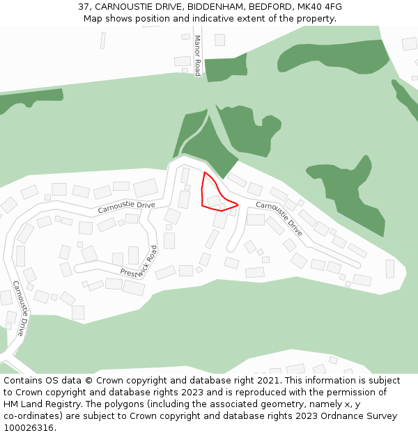 37, CARNOUSTIE DRIVE, BIDDENHAM, BEDFORD, MK40 4FG: Location map and indicative extent of plot