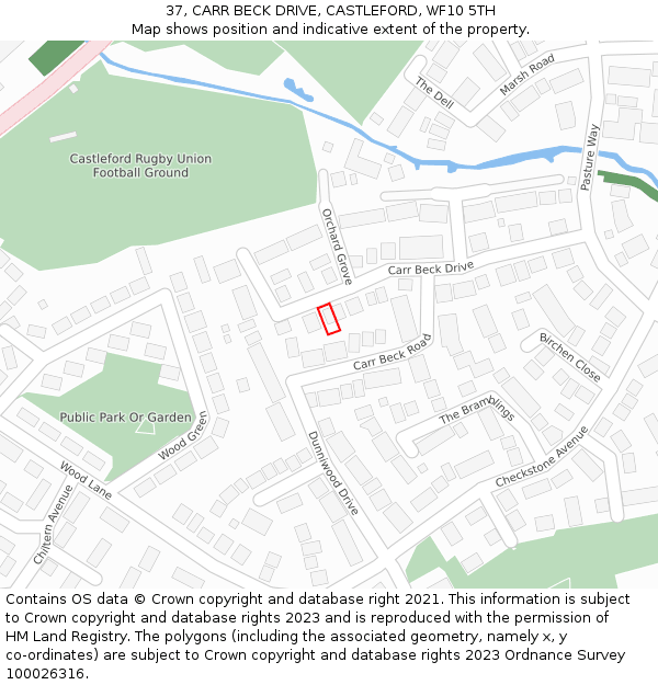 37, CARR BECK DRIVE, CASTLEFORD, WF10 5TH: Location map and indicative extent of plot