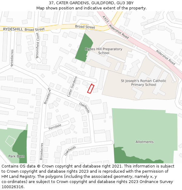 37, CATER GARDENS, GUILDFORD, GU3 3BY: Location map and indicative extent of plot