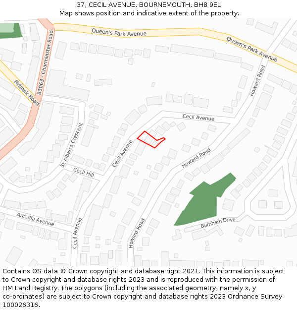 37, CECIL AVENUE, BOURNEMOUTH, BH8 9EL: Location map and indicative extent of plot
