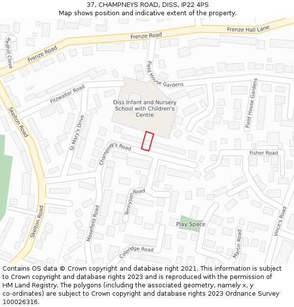 37, CHAMPNEYS ROAD, DISS, IP22 4PS: Location map and indicative extent of plot