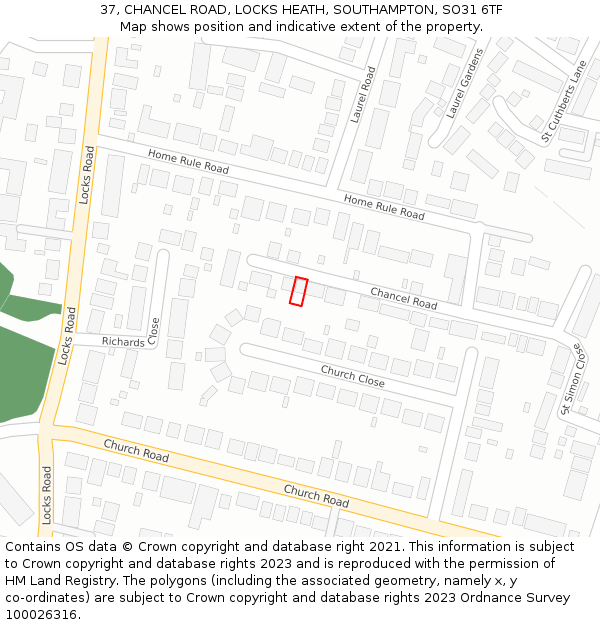 37, CHANCEL ROAD, LOCKS HEATH, SOUTHAMPTON, SO31 6TF: Location map and indicative extent of plot