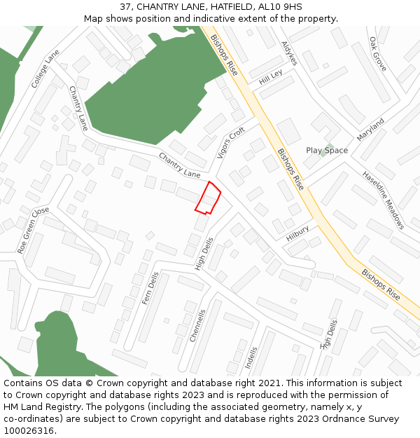 37, CHANTRY LANE, HATFIELD, AL10 9HS: Location map and indicative extent of plot