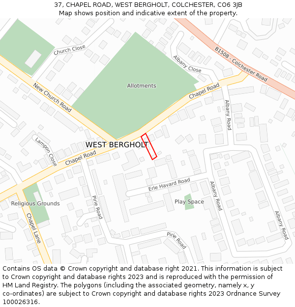 37, CHAPEL ROAD, WEST BERGHOLT, COLCHESTER, CO6 3JB: Location map and indicative extent of plot