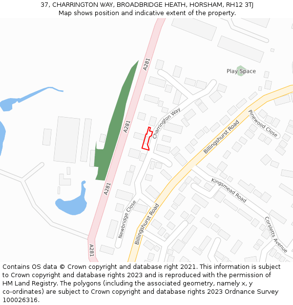 37, CHARRINGTON WAY, BROADBRIDGE HEATH, HORSHAM, RH12 3TJ: Location map and indicative extent of plot