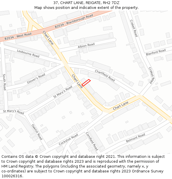 37, CHART LANE, REIGATE, RH2 7DZ: Location map and indicative extent of plot