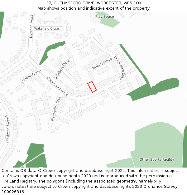 37, CHELMSFORD DRIVE, WORCESTER, WR5 1QX: Location map and indicative extent of plot