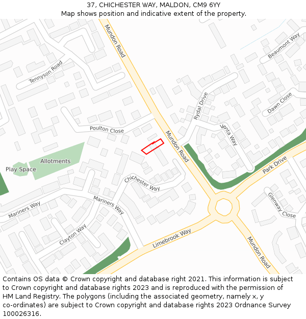 37, CHICHESTER WAY, MALDON, CM9 6YY: Location map and indicative extent of plot