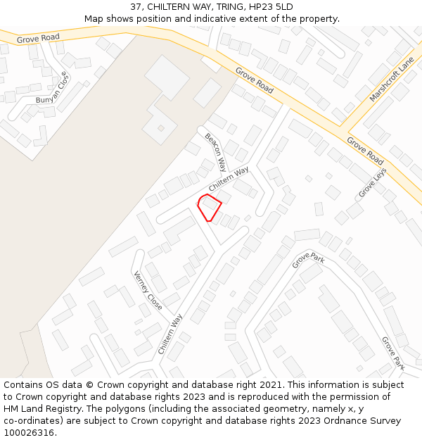 37, CHILTERN WAY, TRING, HP23 5LD: Location map and indicative extent of plot