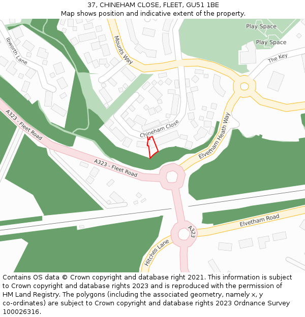 37, CHINEHAM CLOSE, FLEET, GU51 1BE: Location map and indicative extent of plot