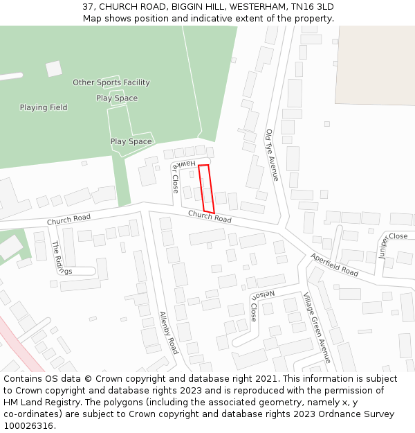 37, CHURCH ROAD, BIGGIN HILL, WESTERHAM, TN16 3LD: Location map and indicative extent of plot