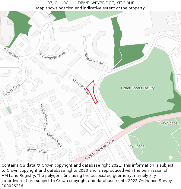 37, CHURCHILL DRIVE, WEYBRIDGE, KT13 9HE: Location map and indicative extent of plot