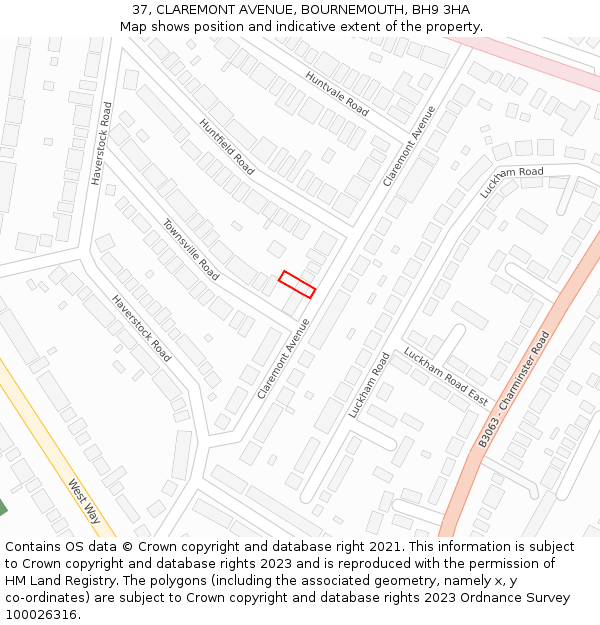 37, CLAREMONT AVENUE, BOURNEMOUTH, BH9 3HA: Location map and indicative extent of plot