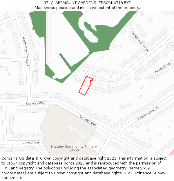 37, CLAREMOUNT GARDENS, EPSOM, KT18 5XF: Location map and indicative extent of plot