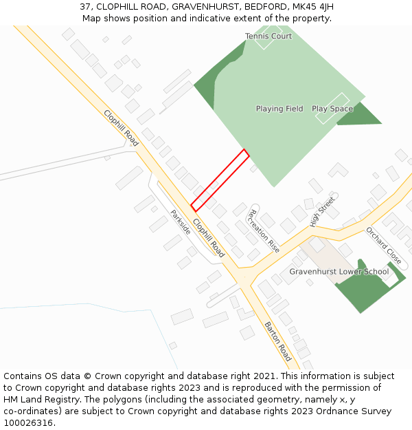 37, CLOPHILL ROAD, GRAVENHURST, BEDFORD, MK45 4JH: Location map and indicative extent of plot